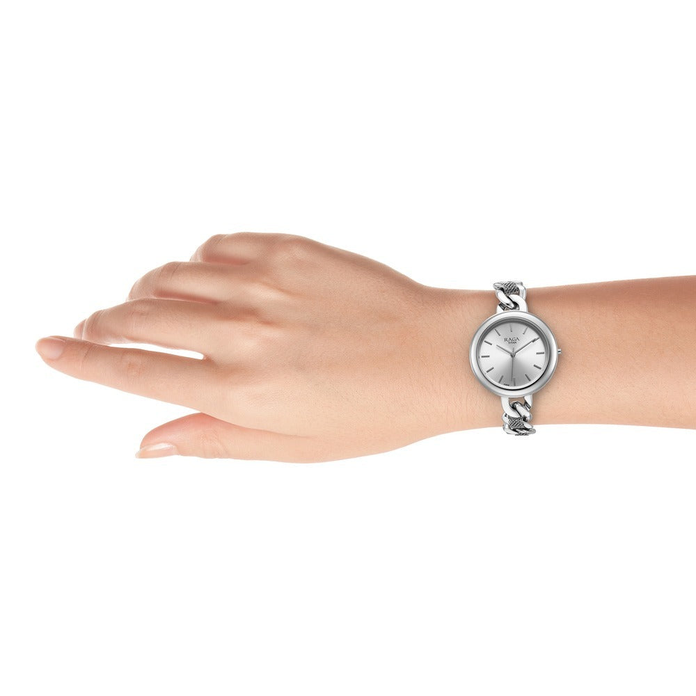 Titan Raga Showstopper Quartz Analog Silver Dial Metal Strap Watch for Women - NU95265SM01