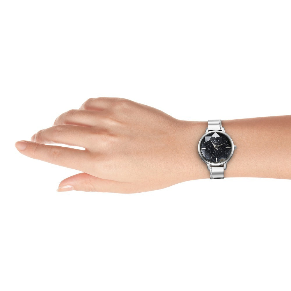 Titan Raga Showstopper Quartz Analog Blue Dial Silver Metal Strap Watch For Women - NU95267SM01