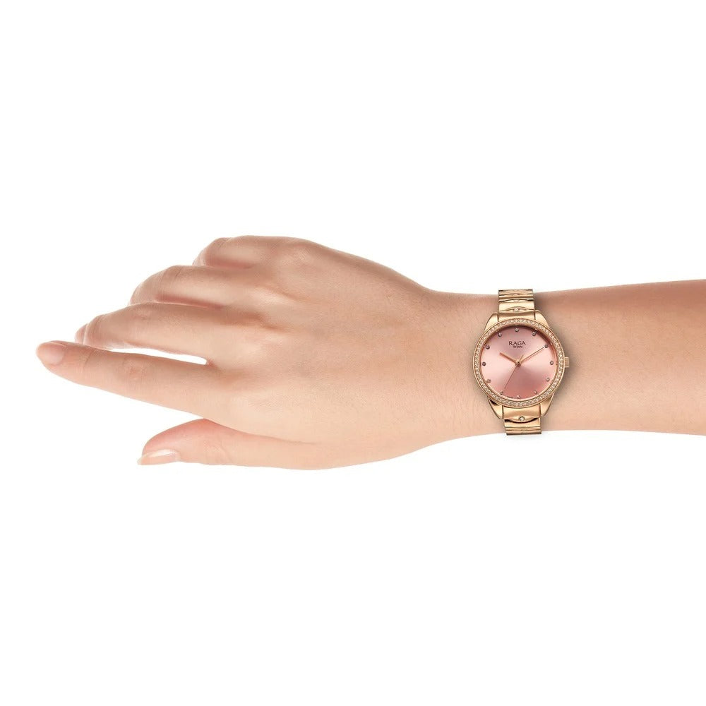 Titan Raga Showstopper Quartz Analog Pink Round Dial Rose Gold Metal Strap Watch For Women - NU95281WM01