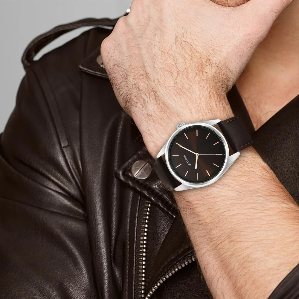 Titan Workwear Brown Dial Analog Leather Strap Watch Men - NU1866SL02