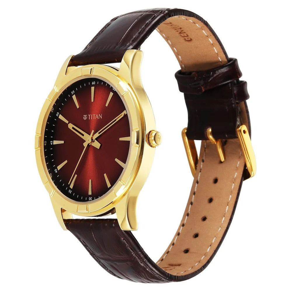 Titan Karishma Festive Analog with Mahogany Brown Dial Brown Leather Strap Watch for Men - 10058YL01