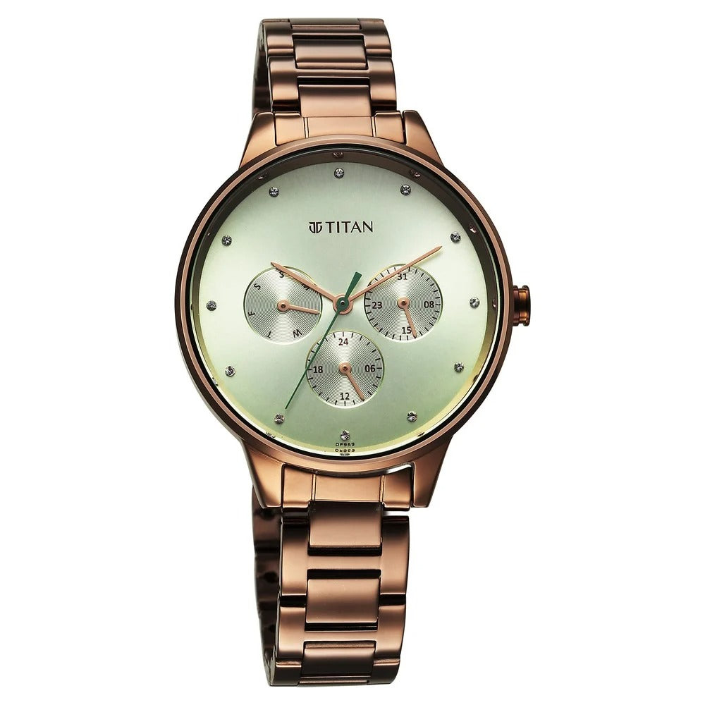 Titan Razzle Dazzle Quartz Analog with Day and Date Green Dial Brown Stainless Steel Strap Watch For Women - NU2648QM03