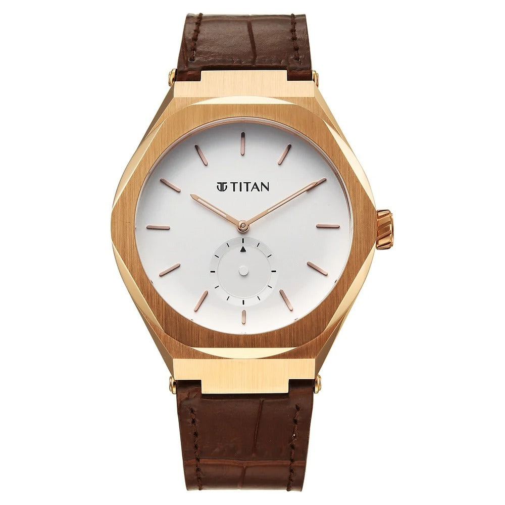 Titan Contour Analog with Small Second and White Dial Brown Leather Strap Watch for Men - NU90210WL01
