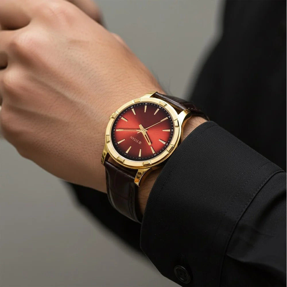 Titan Karishma Festive Analog with Mahogany Brown Dial Brown Leather Strap Watch for Men - 10058YL01