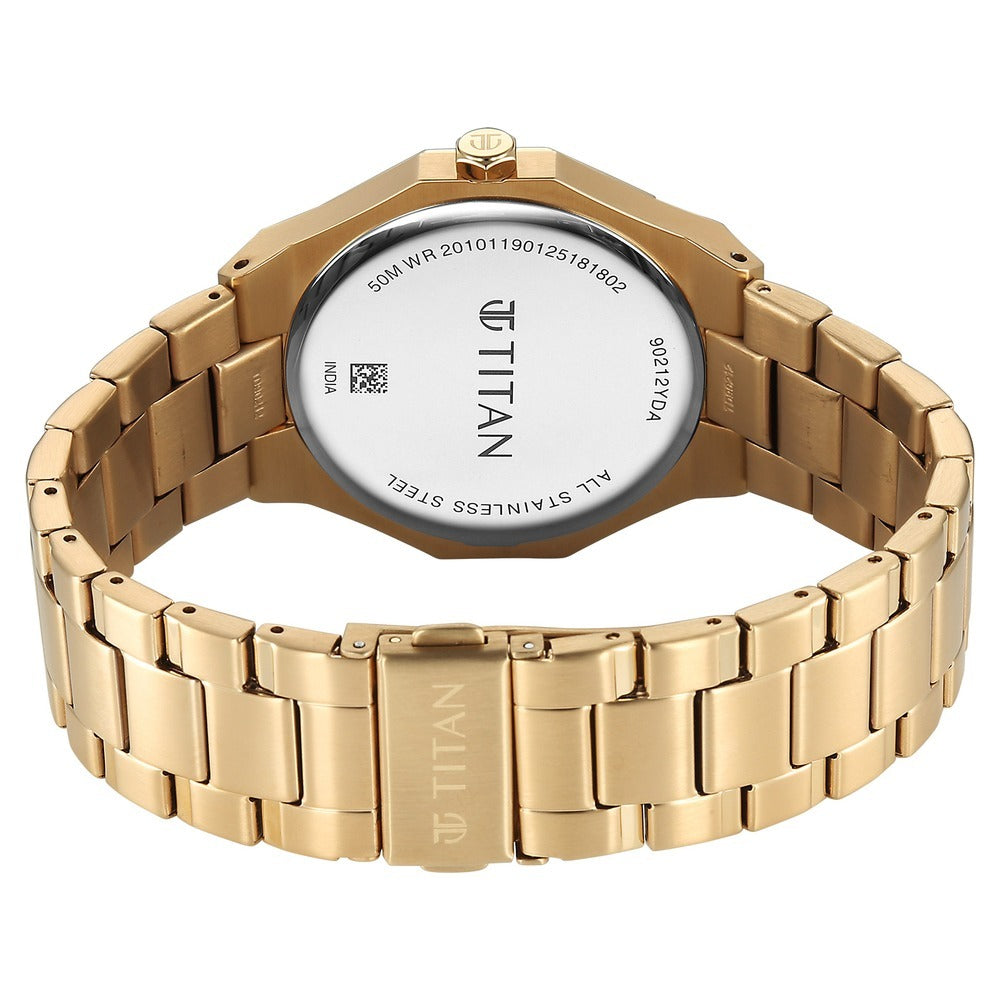 Titan Regalia Dodecagon Quartz Analog with Date Black Dial Golden Stainless Steel Strap Watch For Men - NU90212YM01