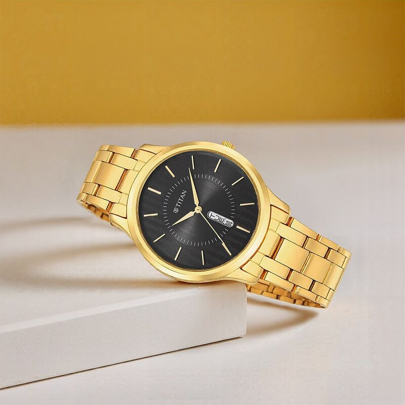Titan Karishma Quartz Analog with Day and Date Black Dial Golden Stainless Steel Strap Watch For Men - NU1825YM02
