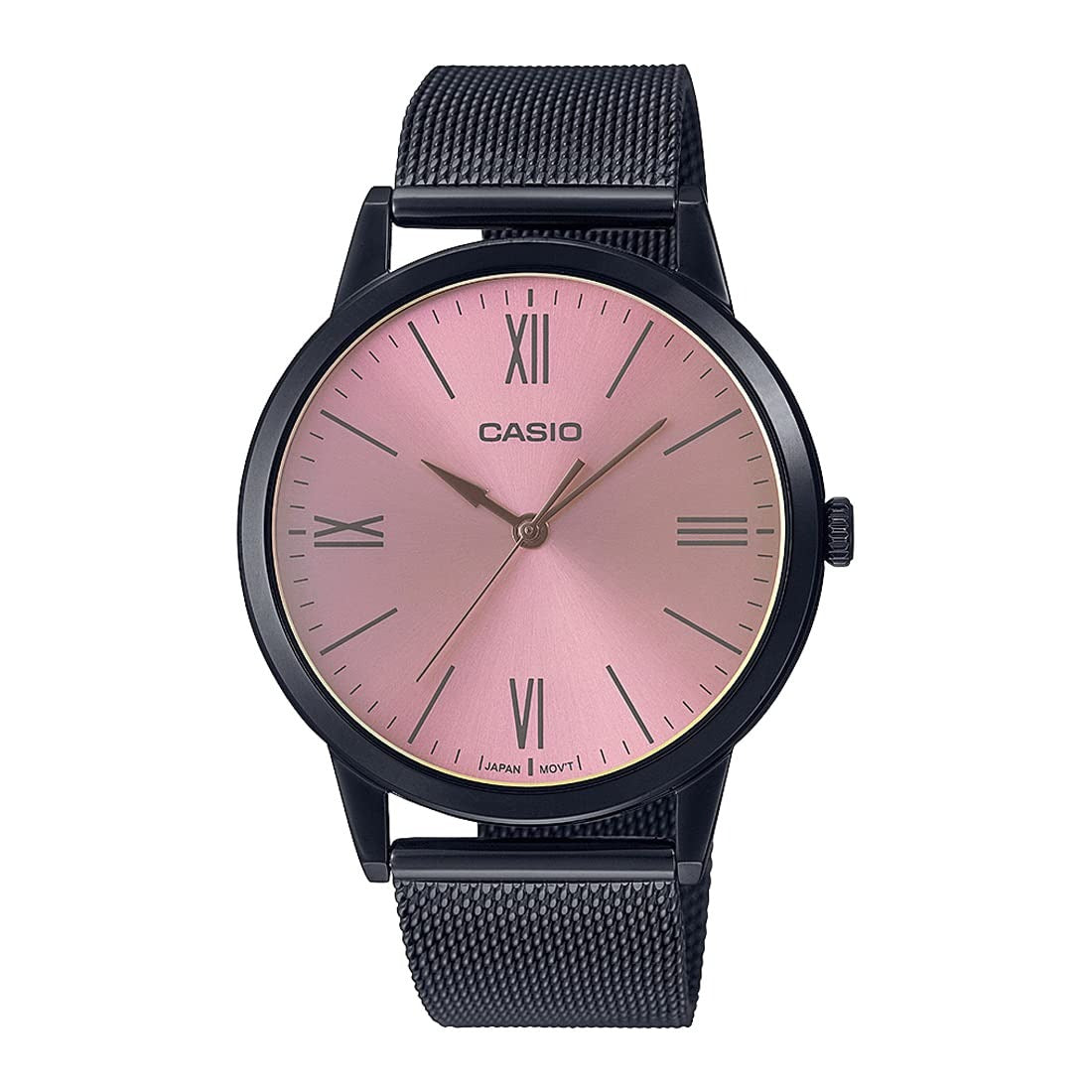 Casio Enticer Analog Pink Dial Black Stainless Steel Mesh Strap Men's Watch MTP-E600MB-4BDF