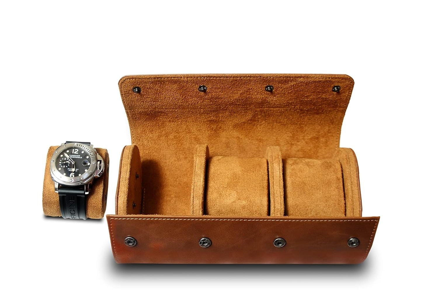 Luxury 3 Slot Leather Watch Roll Case – Premium Travel Watch Organizer for Men & Women – Bronze