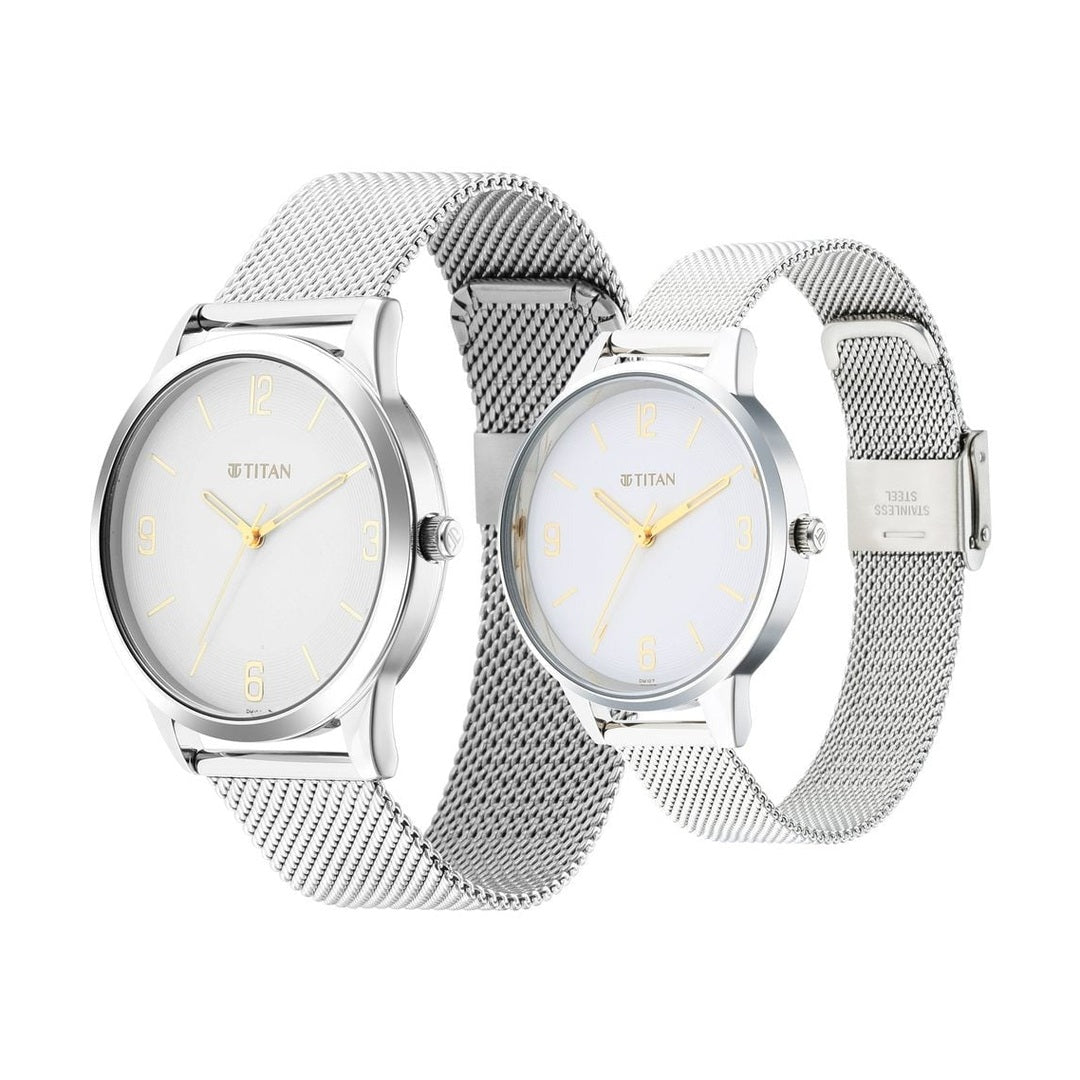 Titan Quartz Analog White Dial Stainless Steel Strap Watch for Couple - NU18062648SM01
