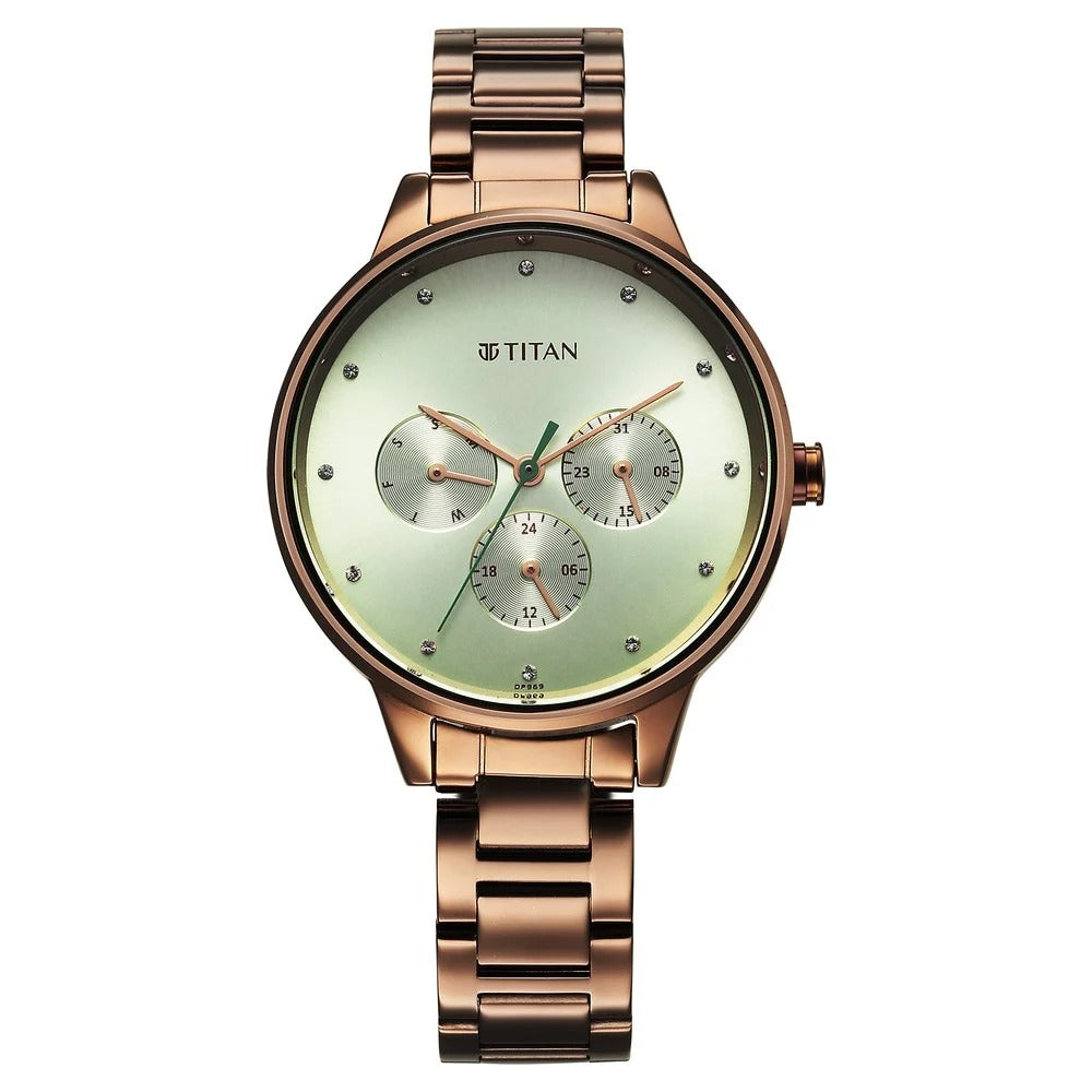 Titan Razzle Dazzle Quartz Analog with Day and Date Green Dial Brown Stainless Steel Strap Watch For Women - NU2648QM03