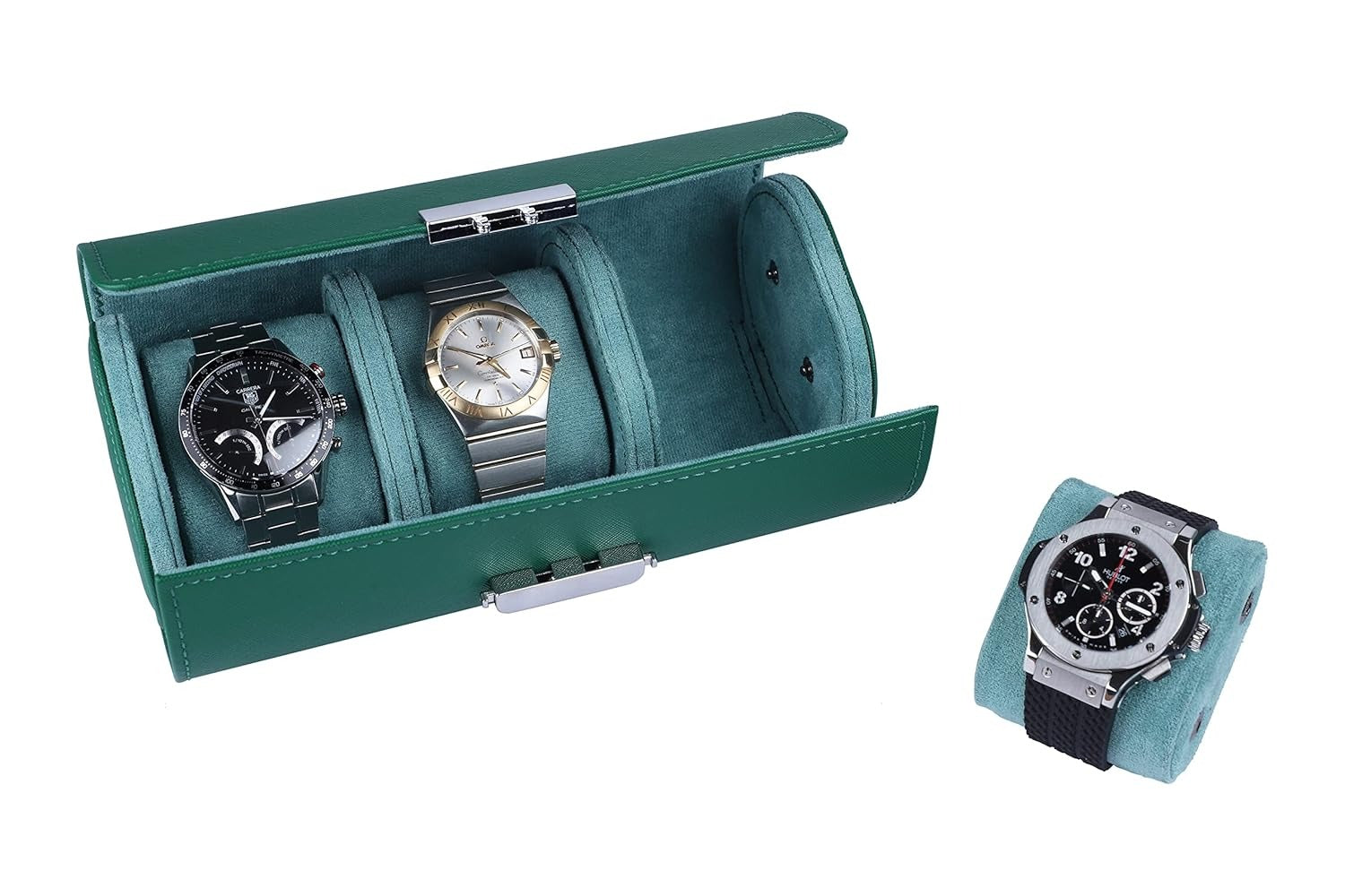 Luxury 3 Slot Leather Watch Roll Case – Premium Travel Watch Organizer for Men & Women – Green