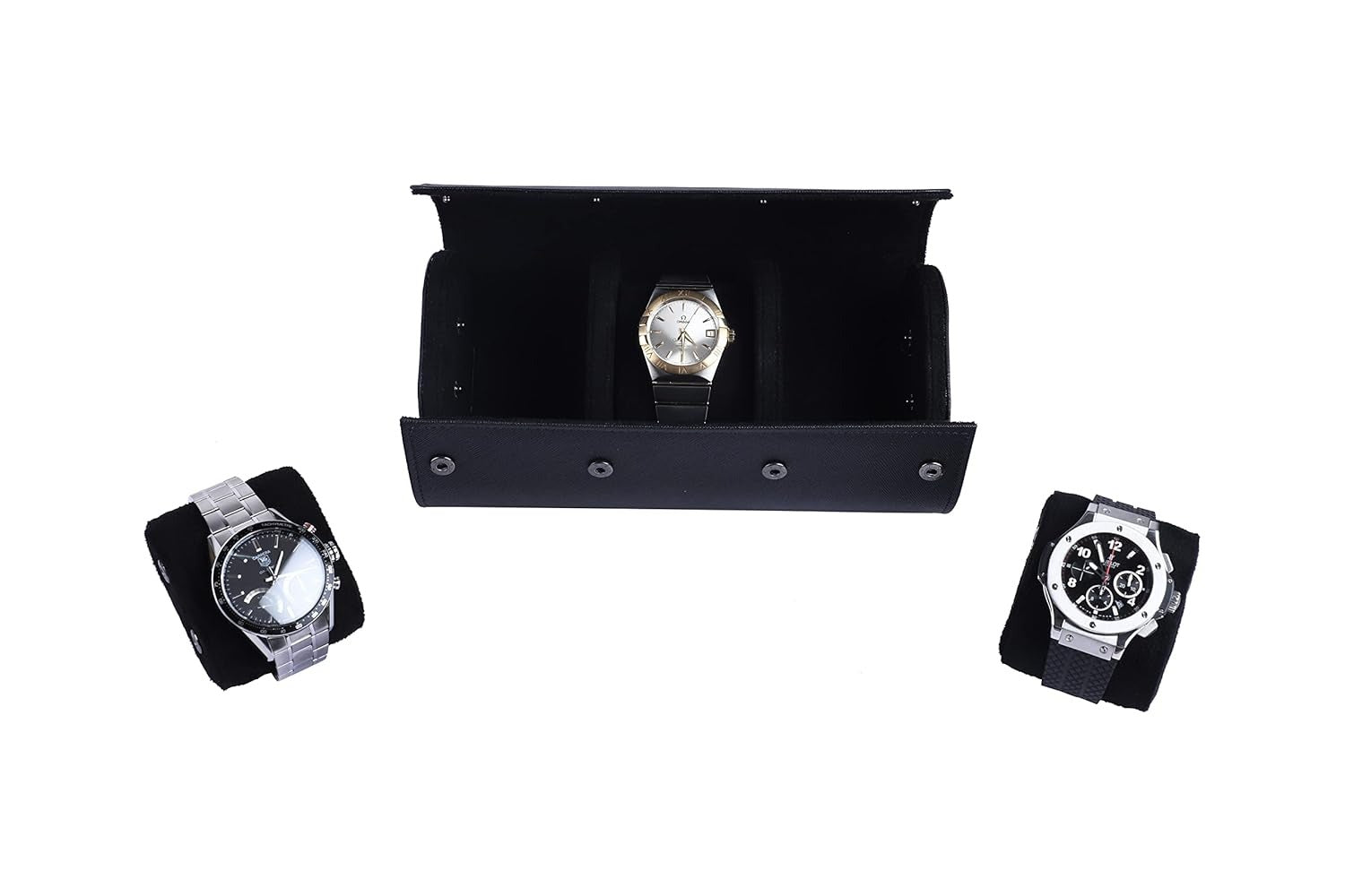 Luxury 3 Slot Leather Watch Roll Case – Premium Travel Watch Organizer for Men & Women – Black