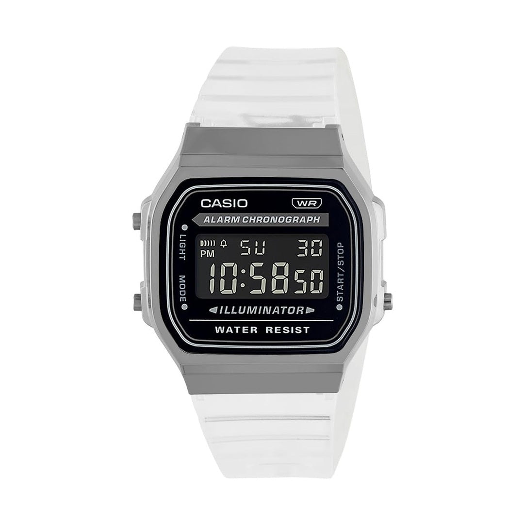 Casio Vintage Digital Black Dial Stainless Steel case Transparent Resin Strap Unisex Watch A168XES-1BDF