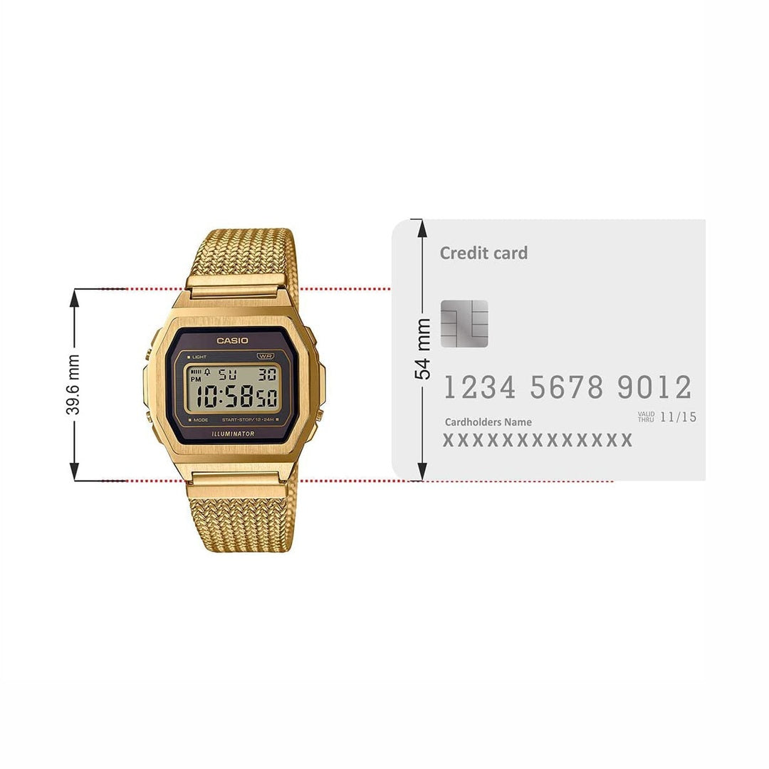 Casio Vintage Digital Black Dial Gold Stainless Steel Unisex Watch A1000MGA-5