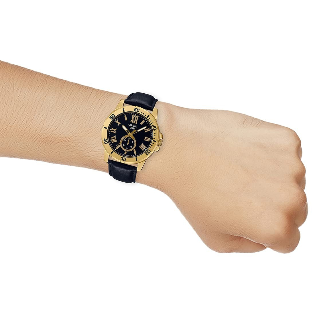 Casio Enticer Analog Black Dial Gold Stainless Steel Case Black Leather Strap Men's Watch MTP-VD200GL-1BUDF
