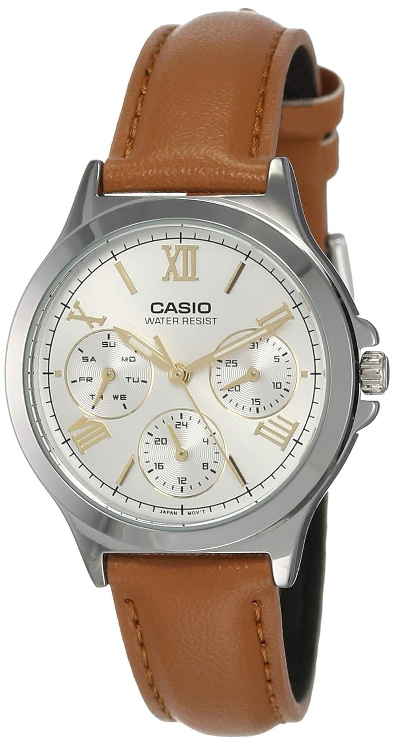Casio Enticer Analog White Dial Stainless Steel Brown Leather strap Women's Watch LTP-V300L-7A2UDF
