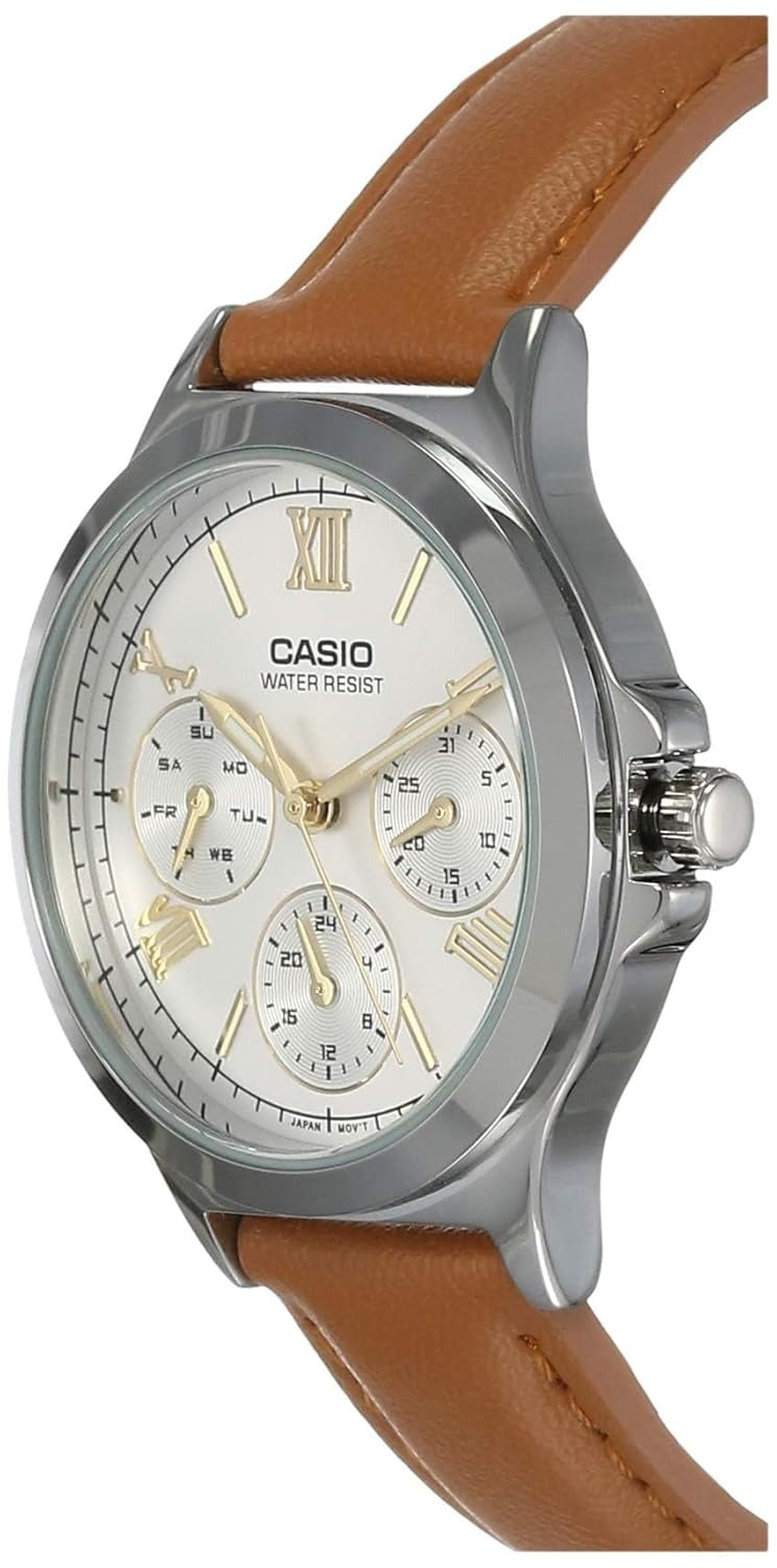 Casio Enticer Analog White Dial Stainless Steel Brown Leather strap Women's Watch LTP-V300L-7A2UDF
