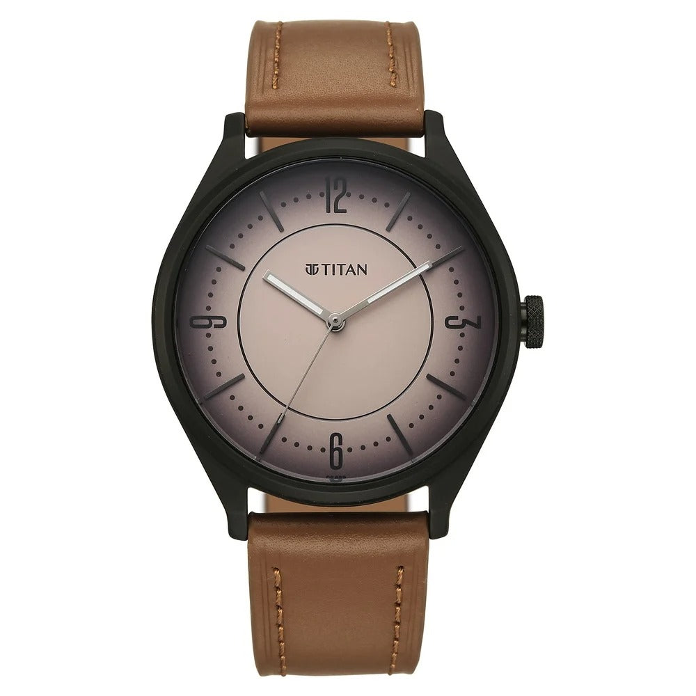 Titan Neo Basics Analog with Beige Dial Brown Leather Strap Watch for Men - 1802NL03