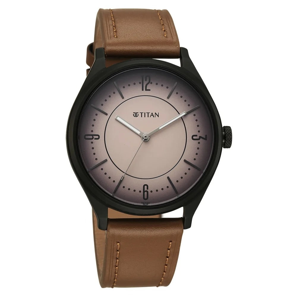 Titan Neo Basics Analog with Beige Dial Brown Leather Strap Watch for Men - 1802NL03
