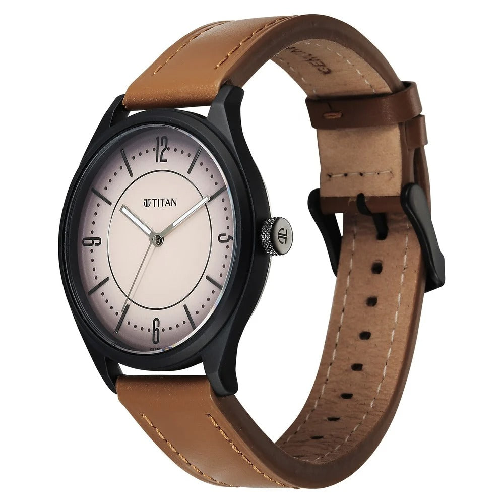 Titan Neo Basics Analog with Beige Dial Brown Leather Strap Watch for Men - 1802NL03