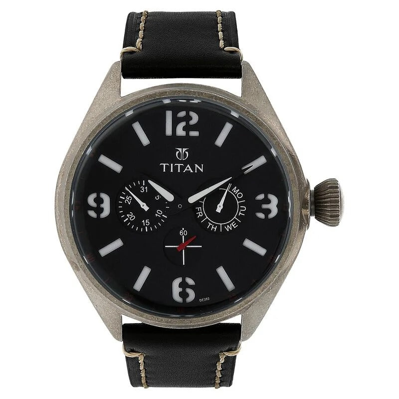 Titan Analog Black Dial with Date Leather Strap Watch for Men - 9478QL01J